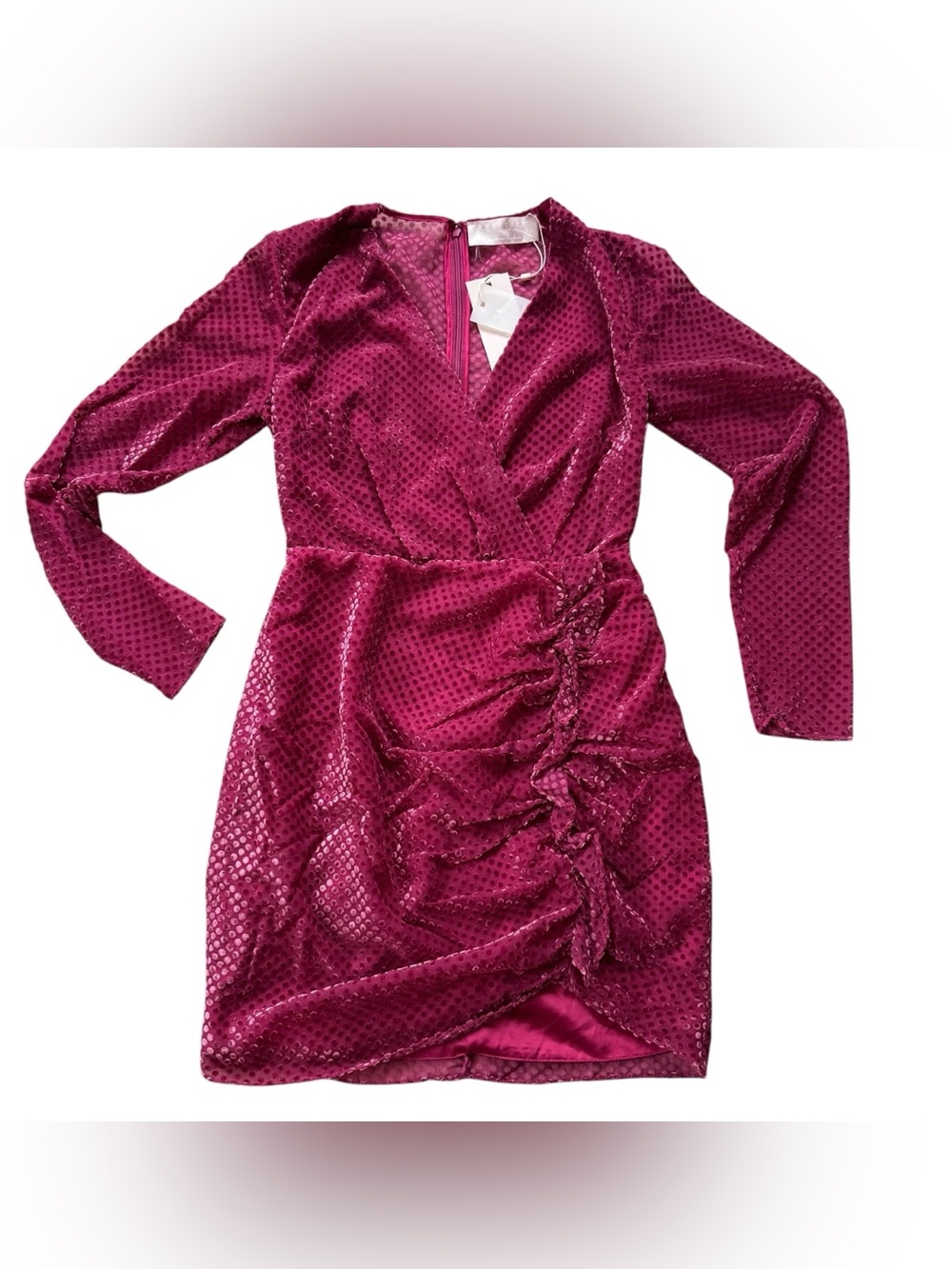 Keepsake Polka Dot Fuchsia Velvet Ruched Wrap Cocktail Dress NWT